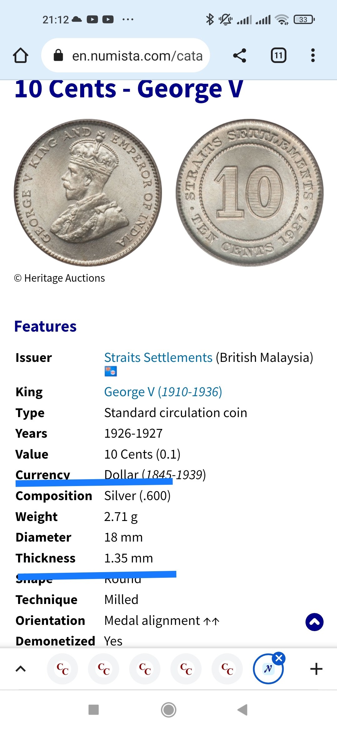 1927-Straits-Settlements-King-George-V-Silver-10�-Coin-Struck-In-Bronze?
